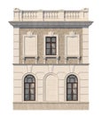 Facade of a two-story classic house with windows. 3D rendering