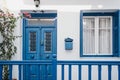 Facade of a typical Mykonian white house in Mykonos, Greece Royalty Free Stock Photo