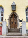 Facade of very old house in the medieval city of Tallinn. Royalty Free Stock Photo