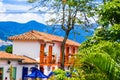 Facade view of clay rooftops with some colorful buildings in Pueblito Paisa in Nutibara Hill, reproduction of the Royalty Free Stock Photo