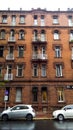 Facade view of a neoclassical brick building, in Republica Arabe and Cabello streets. Buenos Aires, Argentina