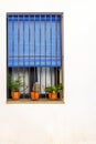 Facade of a white house with a grilled window and flower pots inside Royalty Free Stock Photo