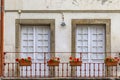 Facade and windows of a traditional Portuguese house and potted flowers on the balcony in the old town Porto, Portugal Royalty Free Stock Photo