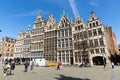 Facades of Antwerp, old historical buildings in the centre of the city. Decorated with golden statues at Grote Markt of Antwerp