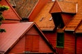 BERGEN, NORWAY - AUGUST 2017: Facades of the colorful wooden houses in Bergen. Famous colored houses and street in Bergen Norway - Royalty Free Stock Photo