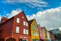 BERGEN, NORWAY - AUGUST 2017: Facades of the colorful wooden houses in Bergen. Famous colored houses and street in Bergen Norway - Royalty Free Stock Photo