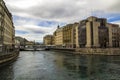 Facades of historic buildings in the city center of Geneva, Switzerland on the Leman lake in sunny clear day. Royalty Free Stock Photo