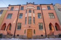 Facades and roofs of ancient buildings of the 19th century in the Ulyanin area, Helsinki, Finland Royalty Free Stock Photo