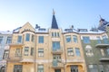 Facades and roofs of ancient buildings of the 19th century in the Ulyanin area, Helsinki, Finland Royalty Free Stock Photo