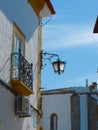 Facades of rural buildings with decorative vintage details in Arronches, Portugal