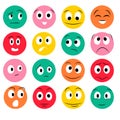 Multicolored faces expression isolated vector icons, funny cartoon emoticons happy and crazy, angry, laughing and sad.