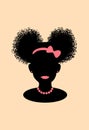 Little black african american girl head with curly pony tail puffs and pink ribbon bow cricut vector silhouette illustration .