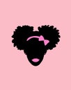 Little black african american girl head with curly pony tail puffs and pink ribbon bow cricut vector silhouette illustration . Royalty Free Stock Photo