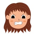 Angry girl face. Little annoyed kid clipart. Mad person emotion