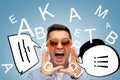 Face of angry shouting man in sunglasses with text