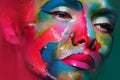 Face art and body art. Creative makeup with colorful patterns on the face. Modern makeup art, bold style,