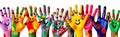 fun smile concept art child artist hand paint finger colorful. Generative AI.