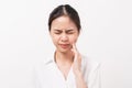 Face of asian woman finger touches cheek maybe because of toothache.