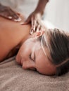 Face, back massage with masseuse, woman at holistic center or spa with wellness, physical therapy with hands and zen Royalty Free Stock Photo