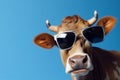 face background blue funny animal eyeglass head copy space portrait sunglasses cow. Generative AI.