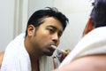 Face, bathroom, person, health, mirror, room, lifestyle, handsome, hair, bachelor, wellbeing, indoors, well, looking, healthy, hom Royalty Free Stock Photo