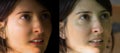 Face of beautiful Caucasian young brunette woman before and after retouch Royalty Free Stock Photo
