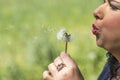 Face of a beautiful woman blowing a dandelion Royalty Free Stock Photo