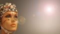 Face of beautiful woman manikin with a EEG hat under experimental recording of brain activity at smooth background with lens flare