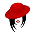 The face of a beautiful woman in a red velvet hat Female sketch with sensual red lips and black short hair Royalty Free Stock Photo