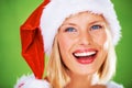 Face, beauty and christmas with a model woman in studio on a green background for festive celebration. Portrait, happy Royalty Free Stock Photo