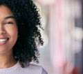 Face, beauty and mockup with a black woman inside on a color background with a cropped smile closeup. Portrait, half and Royalty Free Stock Photo