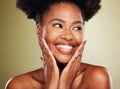 Face beauty, skincare and black woman in studio on a green background. Aesthetics, makeup and happy female model from