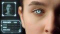 Face biometrical recognition system identify user personality app login closeup