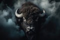 Face of a bison watching us with predator eyes in a full black decor and smoke Royalty Free Stock Photo