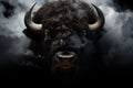 Face of a bison watching us with predator eyes in a full black decor and smoke Royalty Free Stock Photo