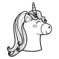 Magic unicorn character face in outline. Cute horse head coloring page Royalty Free Stock Photo