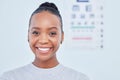 Face, black woman smile and ophthalmology patient in hospital for vision, healthcare or wellness. Portrait, optometrist Royalty Free Stock Photo