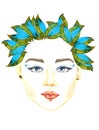 Face with blue eyes, small chubby lips, floral blue and green leaves hairstyle