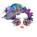 Face with blue fairy eyes with makeup, blue and purple butterfly wings shape eyeshadows, chubby lips, floral abstract hairstyle