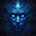 a face with blue glowing eyes made of dark matter on a cerulean background