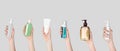 Face and body wash. Women holding bottles and tube of different cosmetic products on light gray background, closeup. Collage