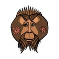 The face of Bornean Orangutan. Line art colorful vector drawing. Totem animal, tattoo design, symbol.