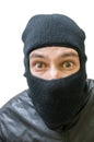 Face of burglar masked with balaclava. Isolated on white background