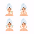 Face care routine. Girl Cleaning And Care Her Face. Steps how to