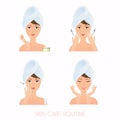 Face care routine. Girl Care Her Face. Steps how to apply facial