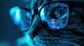 Face of cat hacker working in dark room close-up, computer code reflected in his glasses. Concept of spy, ransomware, cyber Royalty Free Stock Photo