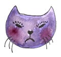 Face of a Cat. Watercolor drawing. Angry Cat character, serious emotions