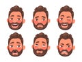 Face of the character of a bearded man with different emotions. Laughter, anger, surprise, sadness. Emoji. Set of human emotion
