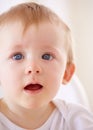 Face, children and a baby in a high chair at feeding time for health, diet or nutrition in his home. Kids, hungry and an Royalty Free Stock Photo