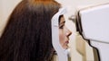face close-up , woman doing eye test with non contact tonometer, cheking vision, intraocular pressure at optical clinic Royalty Free Stock Photo